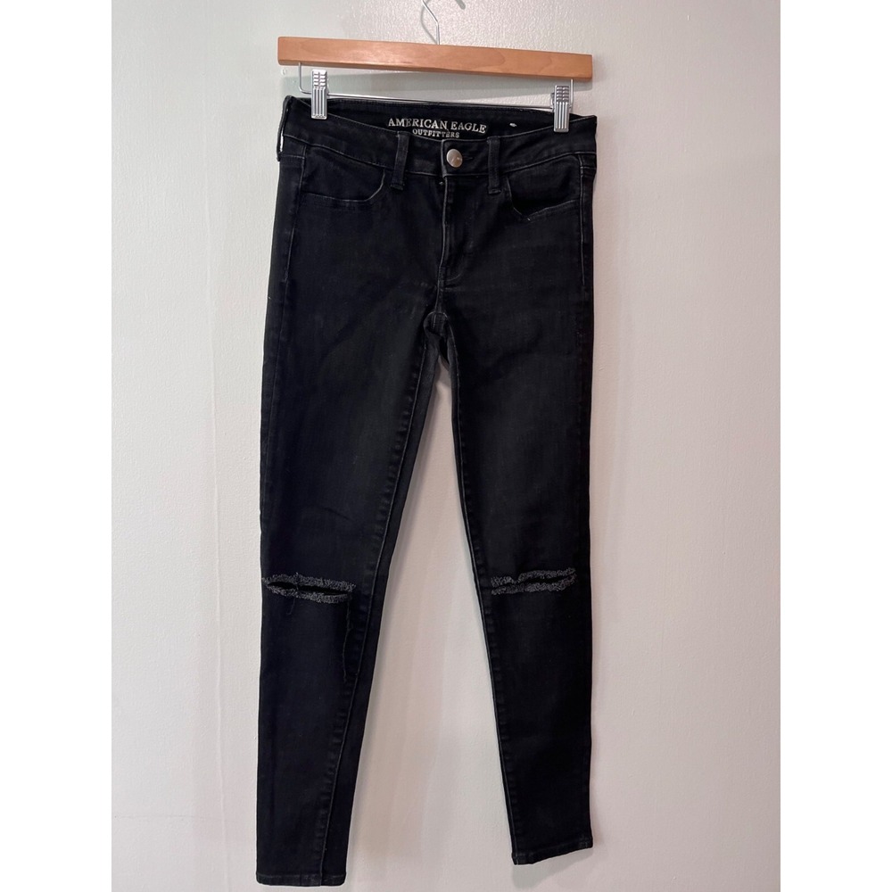 American Eagle Outfitters Womens Black Skinny Jeans Size 2 Distressed Knee Denim